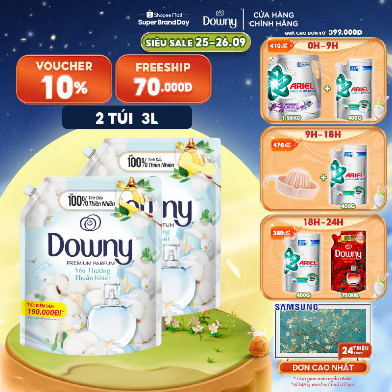 Combo 2 Túi Nước Xả Vải Downy Tinh Dầu Nước Hoa Cao Cấp Hương Yêu Thương Thuần Khiết 3L/túi