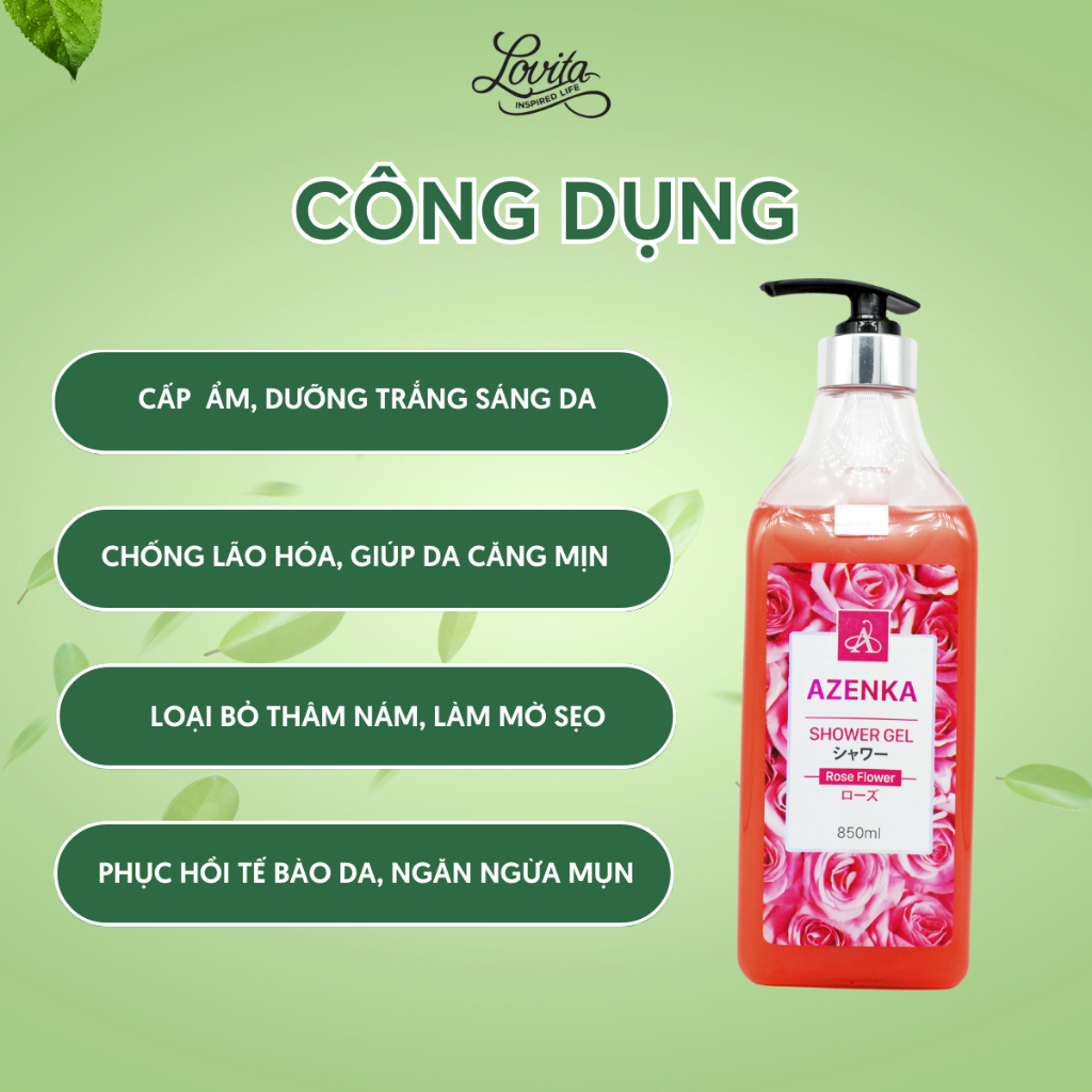 Sữa tắm trắng da dưỡng ẩm Azenka, sữa tắm nước hoa hồng thơm lâu, hương hoa dịu ngọt lưu hương 24h dung tích  850ml