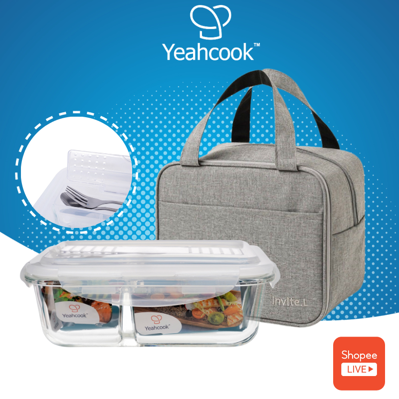 Bộ Hộp Cơm Thủy Tinh Cao Cấp Yeahcook Glass Lunch Box kèm túi giữ nhiệt bộ thìa nĩa dao inox