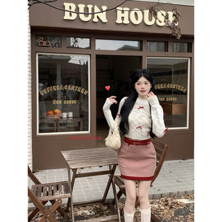Set áo len đính nơ + chân váy caro chữ a tôn dáng ulzzang l