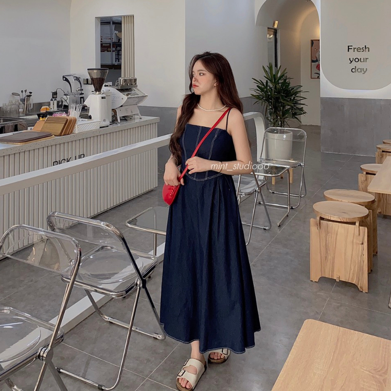 Heun Dress Váy Hai Dây Vải Jeans Có Chun Sau Co Giãn Cực Tôn Dáng