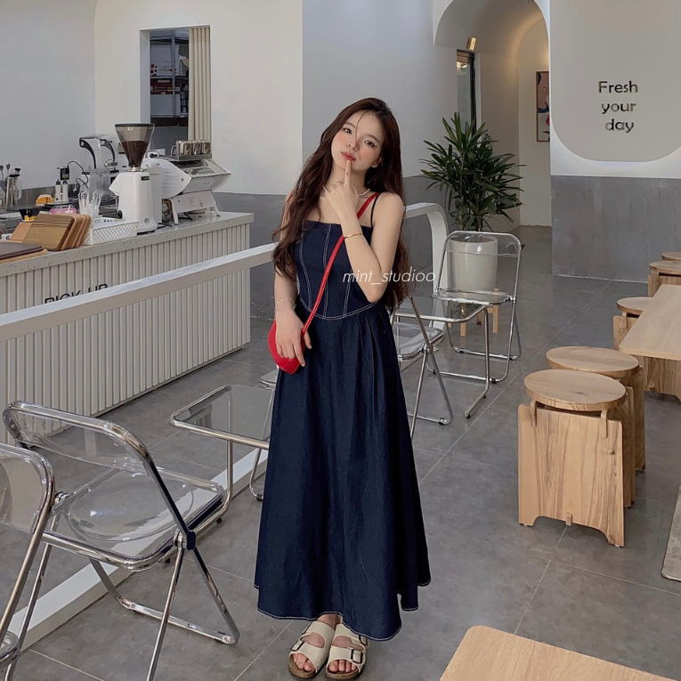 Heun Dress Váy Hai Dây Vải Jeans Có Chun Sau Co Giãn Cực Tôn Dáng