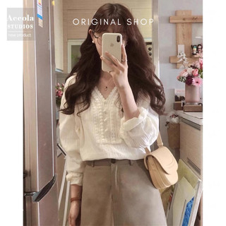 Áo sơ mi nữ trắng dài tay cổ tim vintage order