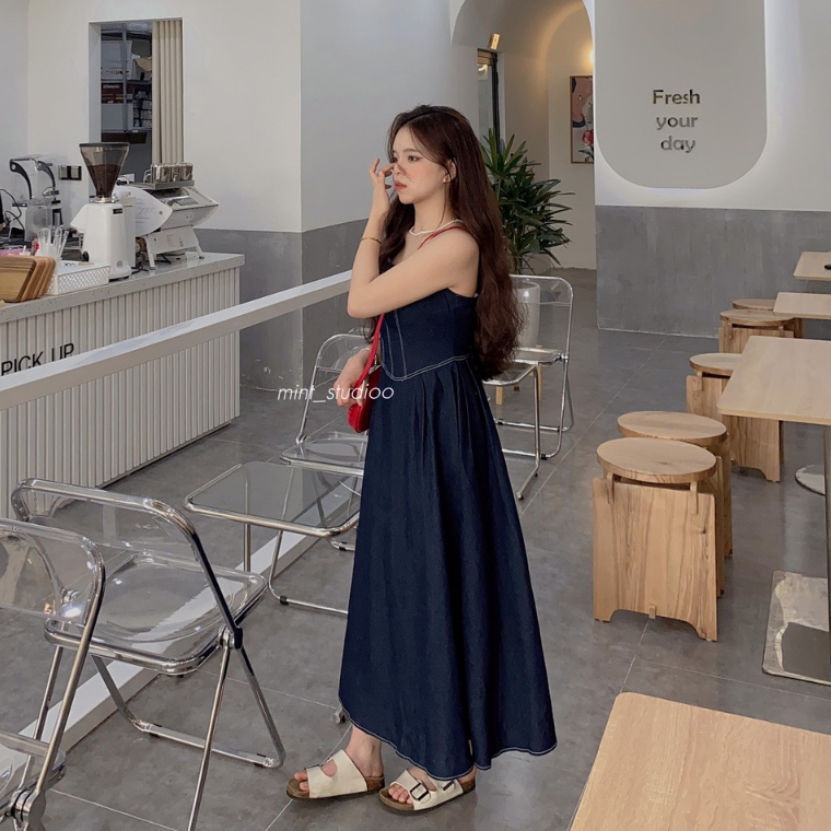 Heun Dress Váy Hai Dây Vải Jeans Có Chun Sau Co Giãn Cực Tôn Dáng
