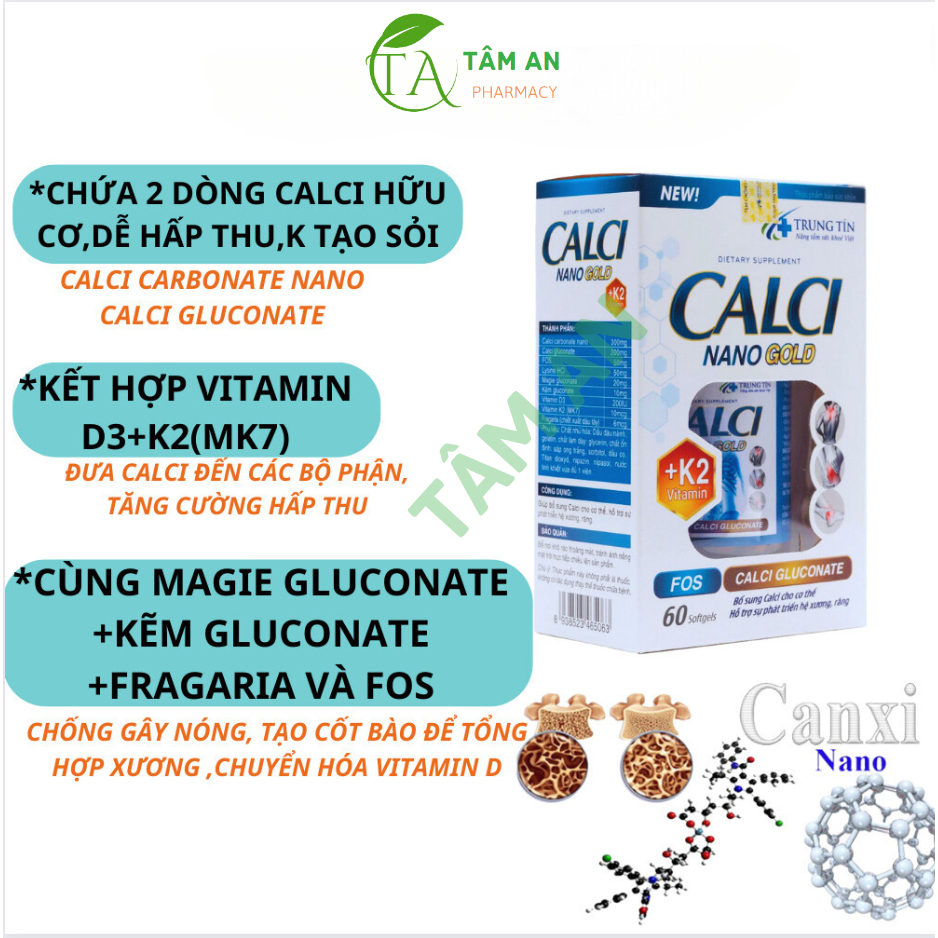 CALCI NANO GOLD- lọ 60 viên-giúp bổ sung calci cho cơ thể PHÒNG NGỪA LOÃNG XƯƠNG - CHUỘT RÚT