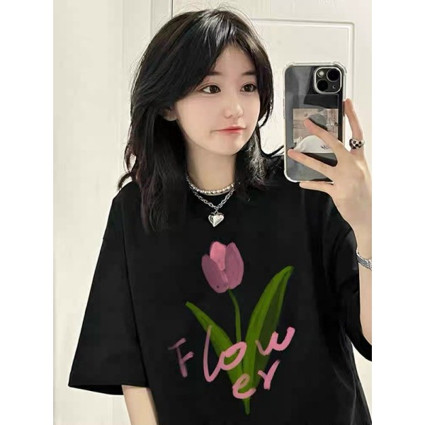 Áo thun tay lỡ unisex họa tiết Bông hồng chữ Flower- Phông suông cộc tay nam nữ dáng rộng phong cách trẻ trung hàn quốc