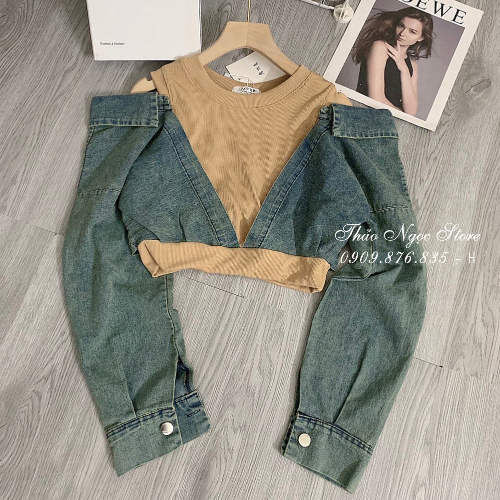 Áo jean nữ croptop rớt vai phối áo thun!  THẢO NGỌC STORE