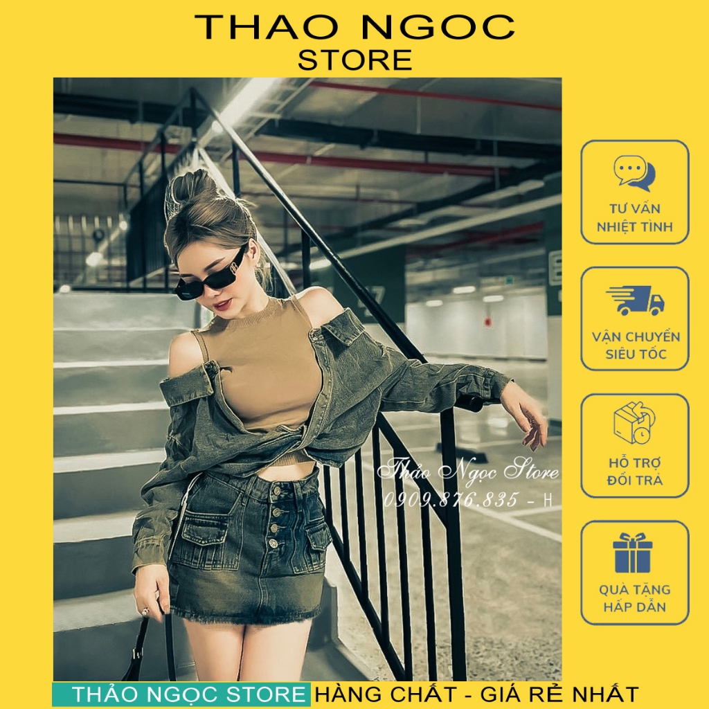 Áo jean nữ croptop rớt vai phối áo thun!  THẢO NGỌC STORE