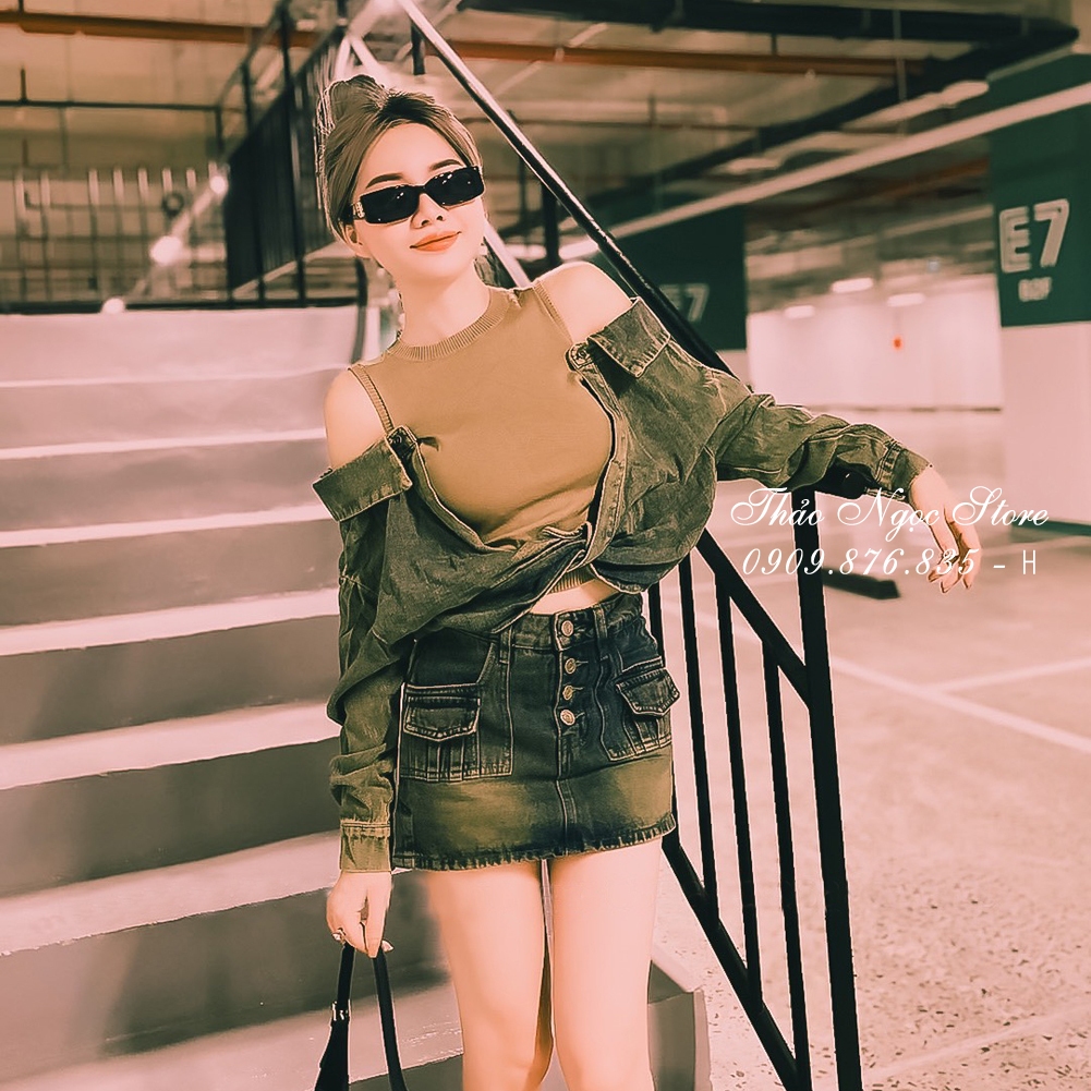 Áo jean nữ croptop rớt vai phối áo thun!  THẢO NGỌC STORE