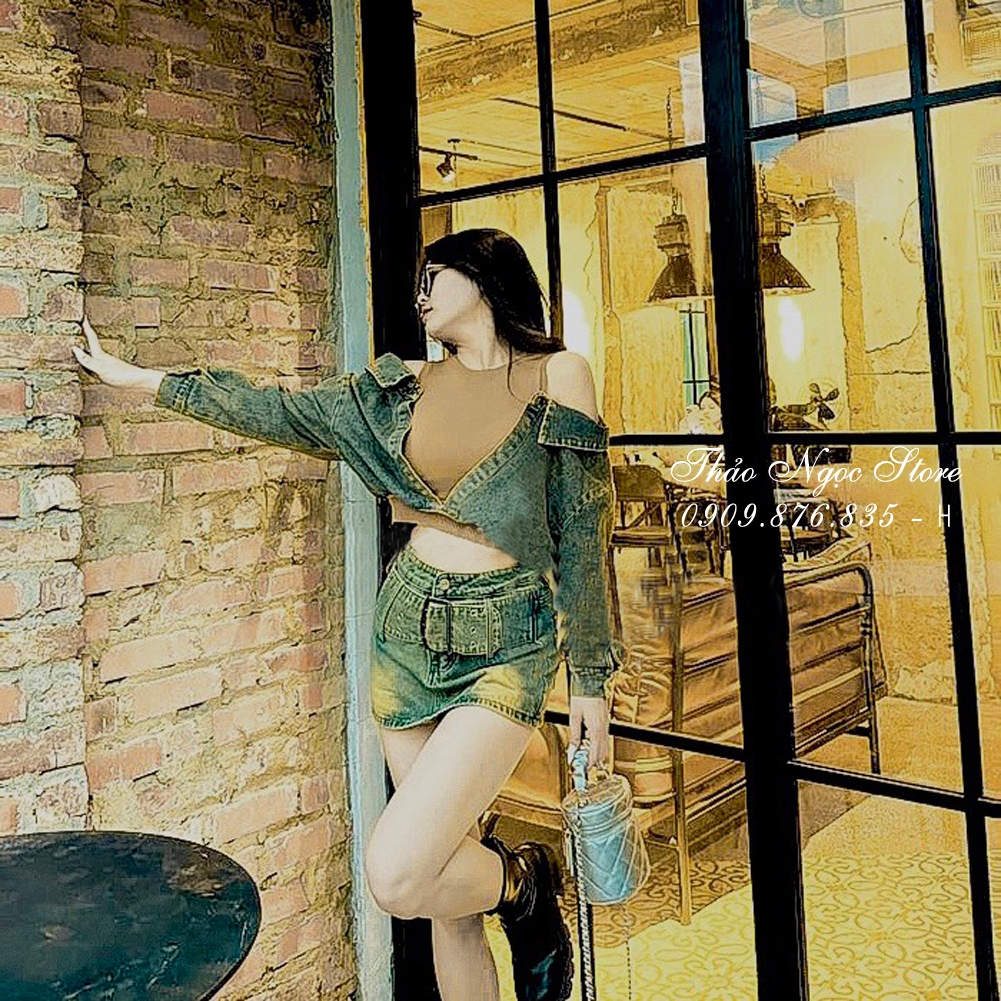 Áo jean nữ croptop rớt vai phối áo thun!  THẢO NGỌC STORE
