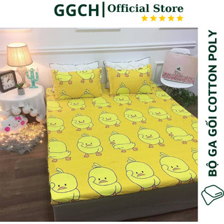 Trọn Bộ Poly Cotton Ga Chun Bo Đệm Và 2 Vỏ Gối Nằm Mẫu Vịt vàng (Chát Chọn Thêm Mẫu Nha)