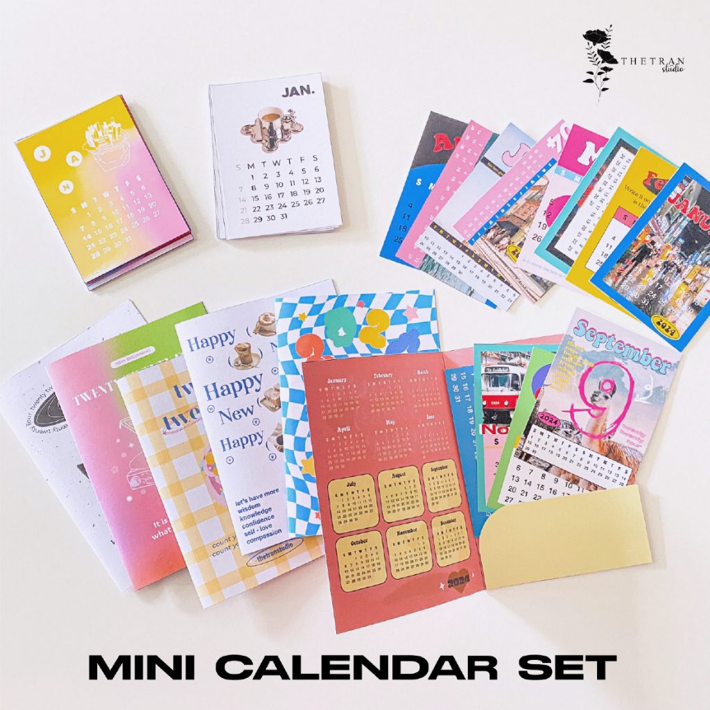 Lịch mini 2024 12 tháng dán tường để bàn / 2024 calendar mini set / thetranstudio