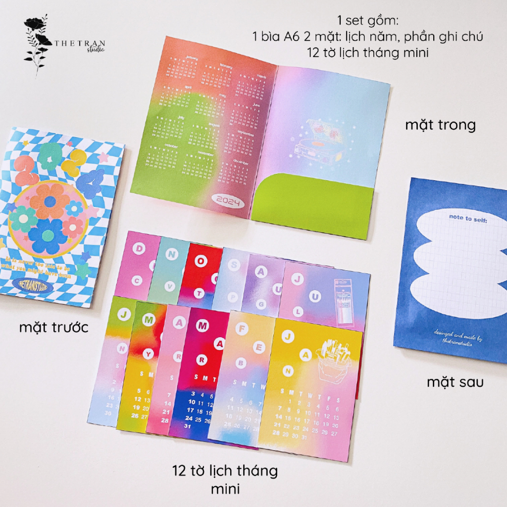 Lịch mini 2024 12 tháng dán tường để bàn / 2024 calendar mini set / thetranstudio