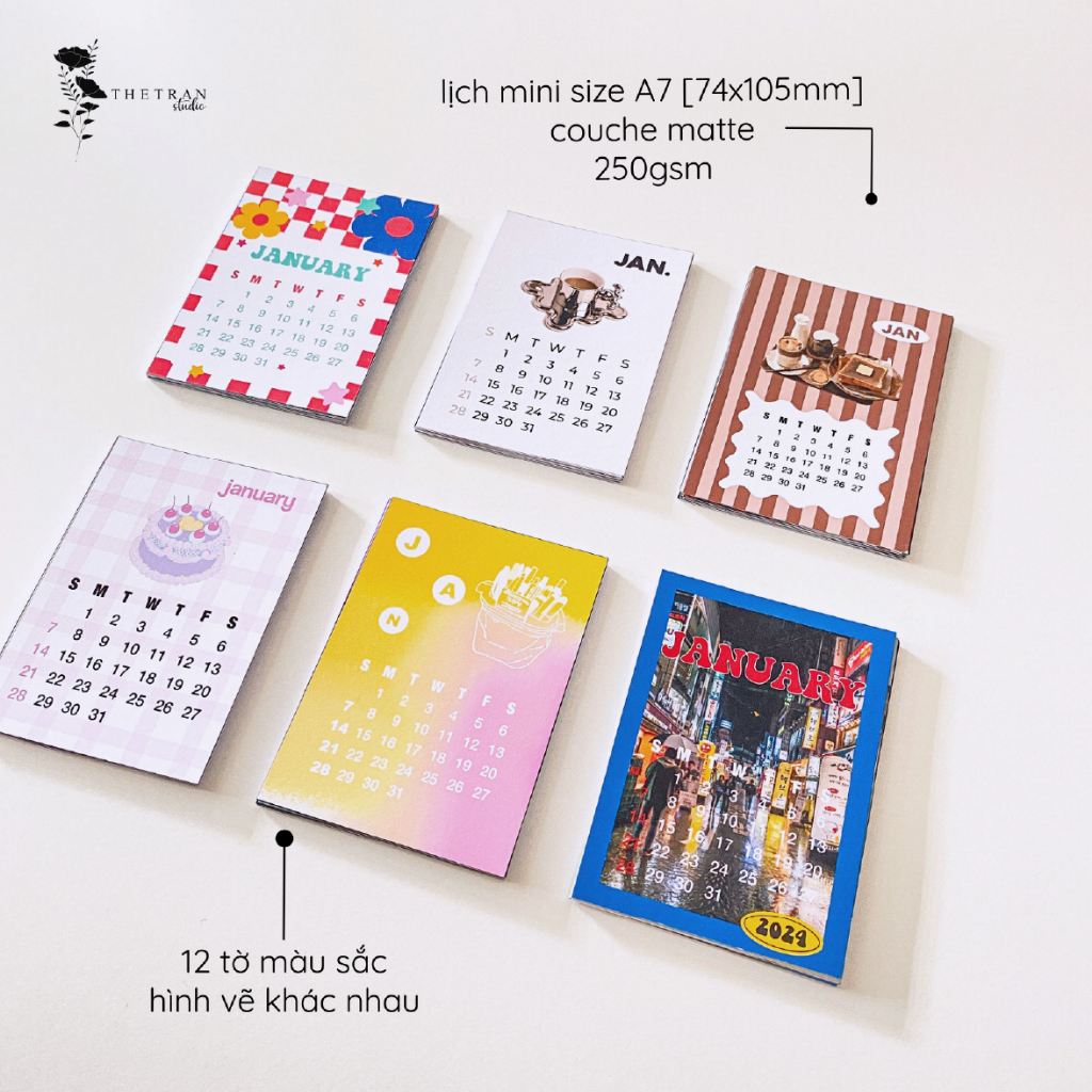 Lịch mini 2024 12 tháng dán tường để bàn / 2024 calendar mini set / thetranstudio