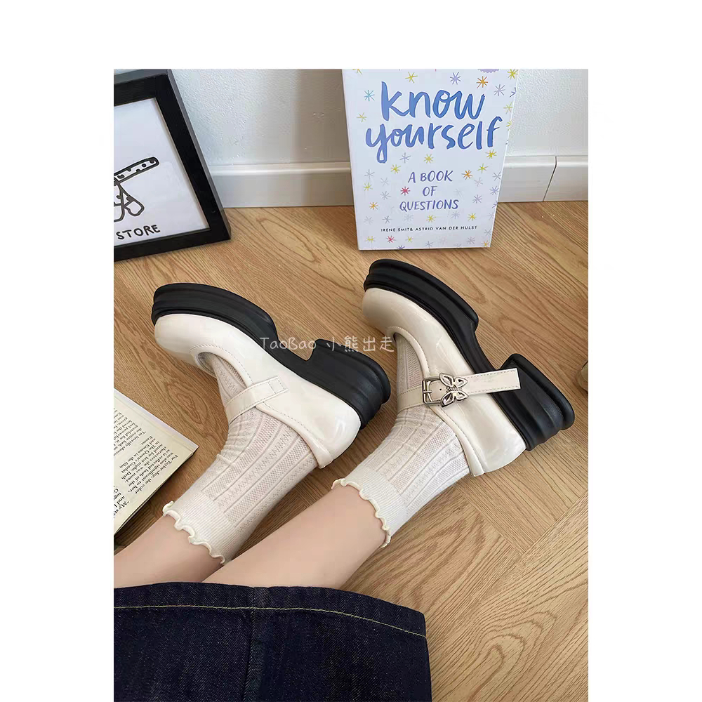 Giày Mary Jane Nữ MOTBIM Ulzzang Đế Bằng Cao 5cm búp bê Lolita cute quai cài màu đen/kem mới xinh đẹp mũi tròn hot