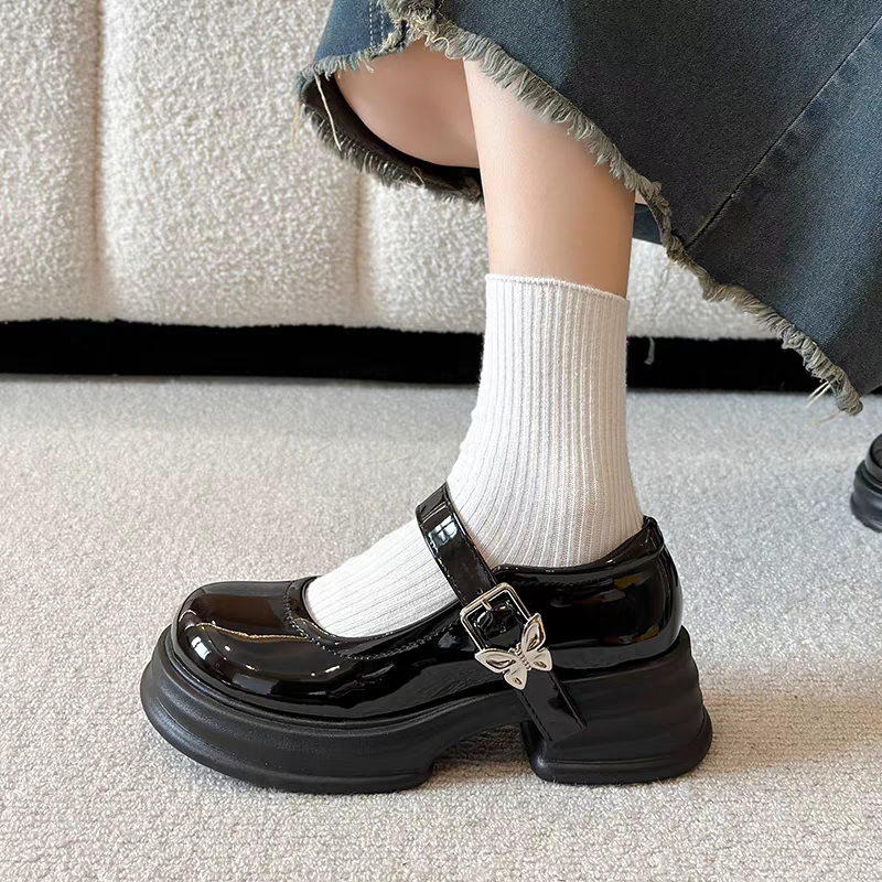 Giày Mary Jane Nữ MOTBIM Ulzzang Đế Bằng Cao 5cm búp bê Lolita cute quai cài màu đen/kem mới xinh đẹp mũi tròn hot