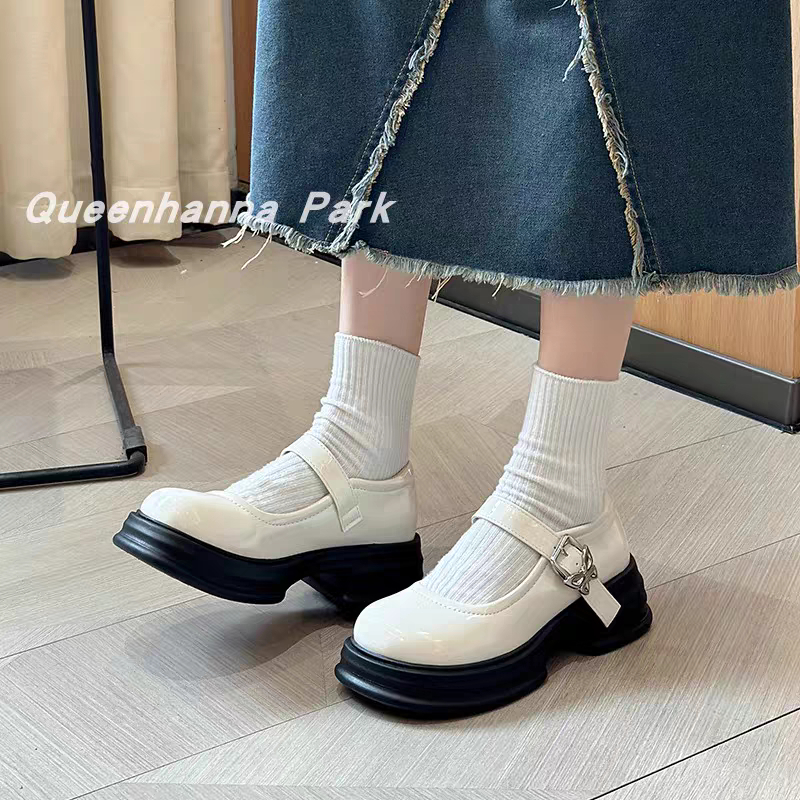 Giày Mary Jane Nữ MOTBIM Ulzzang Đế Bằng Cao 5cm búp bê Lolita cute quai cài màu đen/kem mới xinh đẹp mũi tròn hot