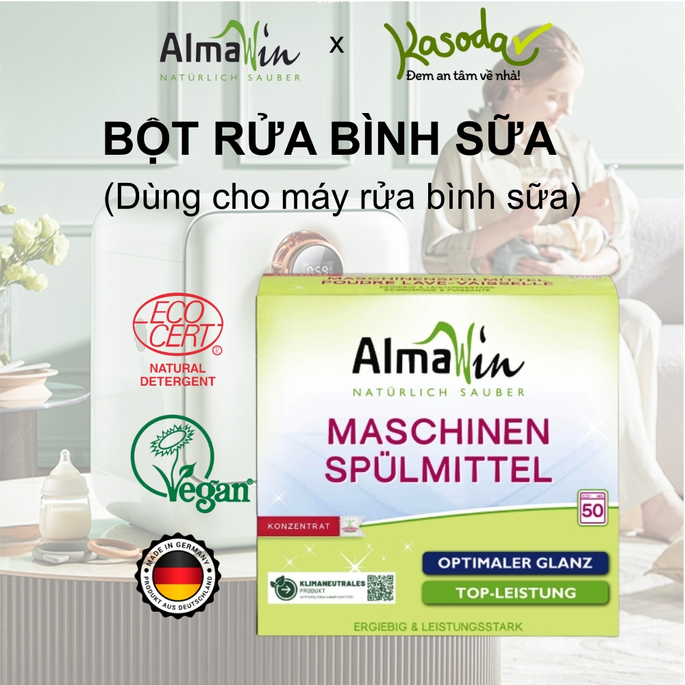 Bột Rửa Bình Sữa hữu cơ Almawin chứng nhận ECOCERT thuần chay dùng cho máy rửa bình sữa Agii, Moaz bébé