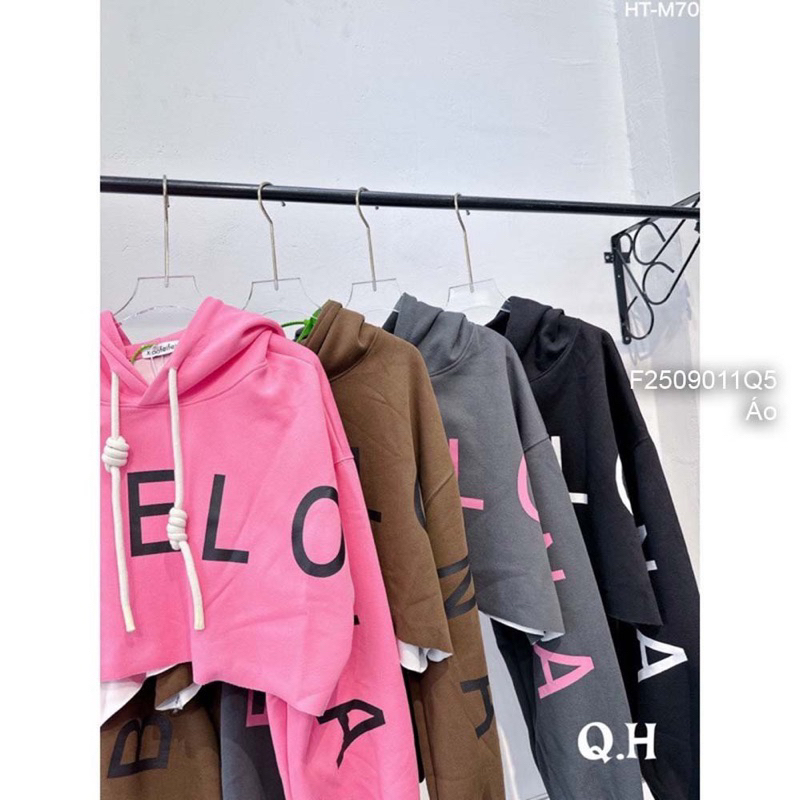 Áo khoác hoodie nỉ croptop tay dài bo có nón in chữ hàng Quảng Châu