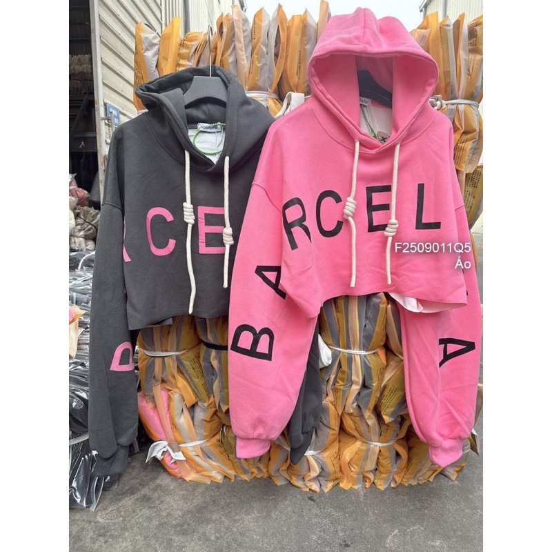 Áo khoác hoodie nỉ croptop tay dài bo có nón in chữ hàng Quảng Châu