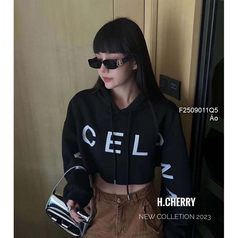 Áo khoác hoodie nỉ croptop tay dài bo có nón in chữ hàng Quảng Châu