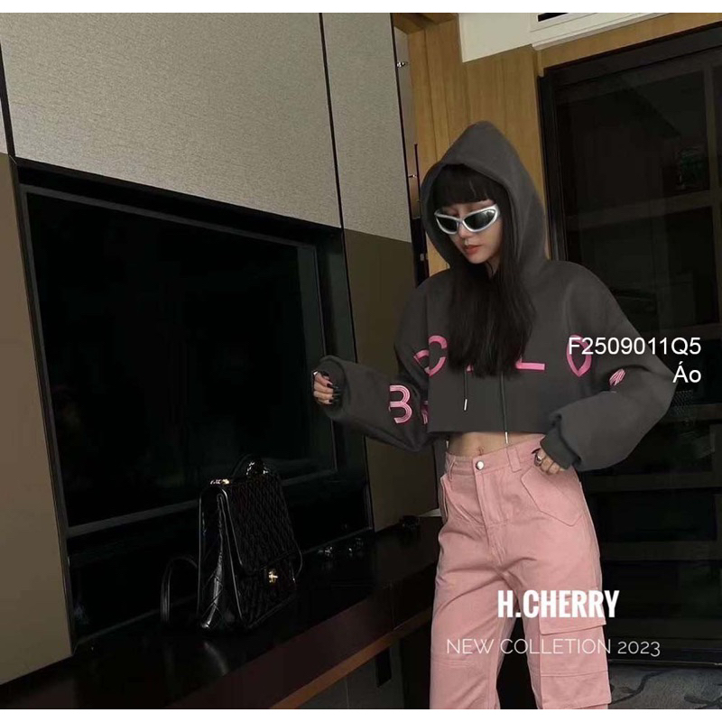 Áo khoác hoodie nỉ croptop tay dài bo có nón in chữ hàng Quảng Châu