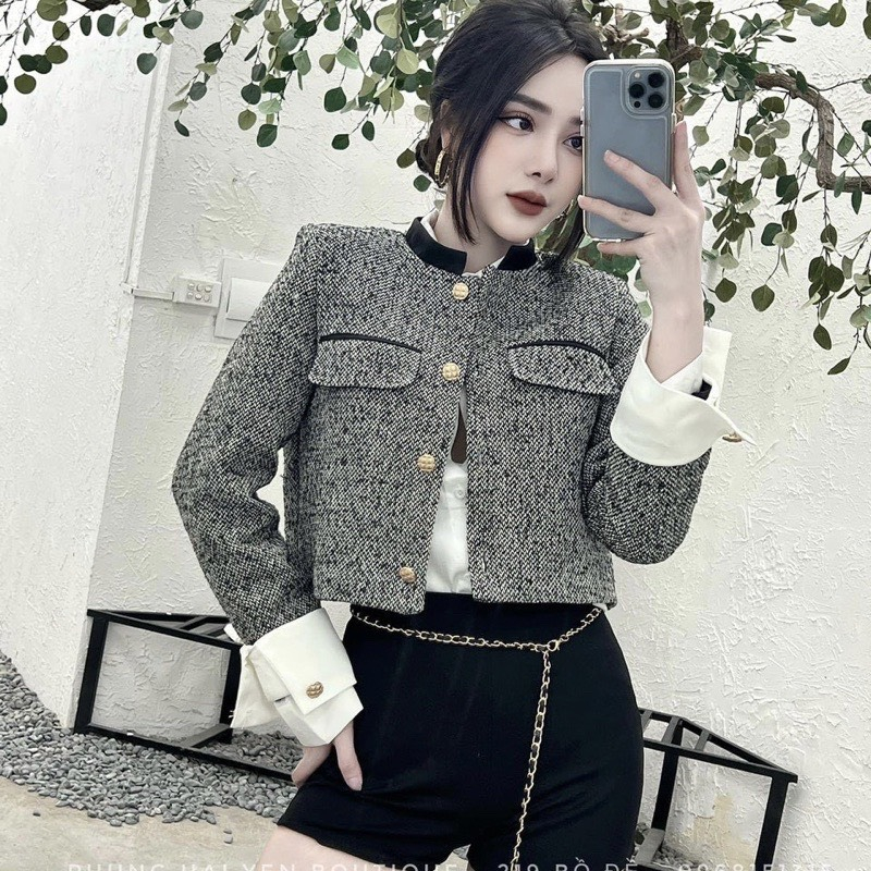 Áo khoác dạ phối tay trắng có đệm vai hàng 2 lớp chất dày dặn  Aokhoacdaphoitay649 P13k3