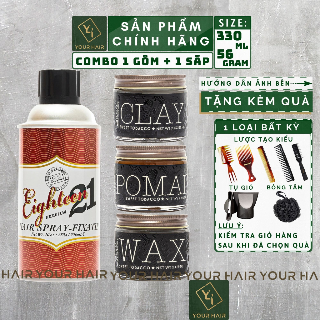 COMBO Sáp + Gôm Tạo kiểu tóc nam 18.21 Man Made Clay Wax Pomade Paste Balm - 56g | Hair Spray 283g