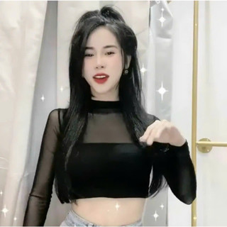 🍒🍒🍒áo thun phối lưới croptop tay dài tôn dáng utrbr