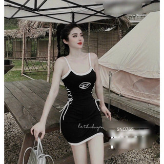 🍒🍒🍒🍒🍒🍒đầm hai dây ôm body ohối xỏ dây in chữ d utrrb