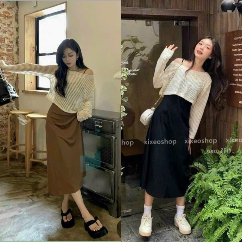 Set váy nhung 2 dây mix áo len lỗ