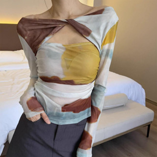 Áo Lưới Loang Xoắn Ngực Hot Hit 2 Màu Dáng Ôm Body Co Giãn Áo Xoắn Ngực Tay Dài Mẫu Hot