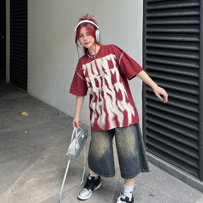 Áo Thun Unisex Tay Lỡ FUNT LIQUID ĐỎ 100% Cotton Thoáng Mát, Co Giãn Tốt