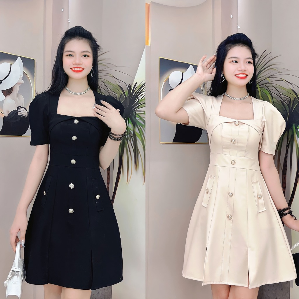 Váy đen cổ vuông dự tiệc thanh lịch, đầm nữ thiết kế dáng xoè phong cách hàn quốc LINA SHOP