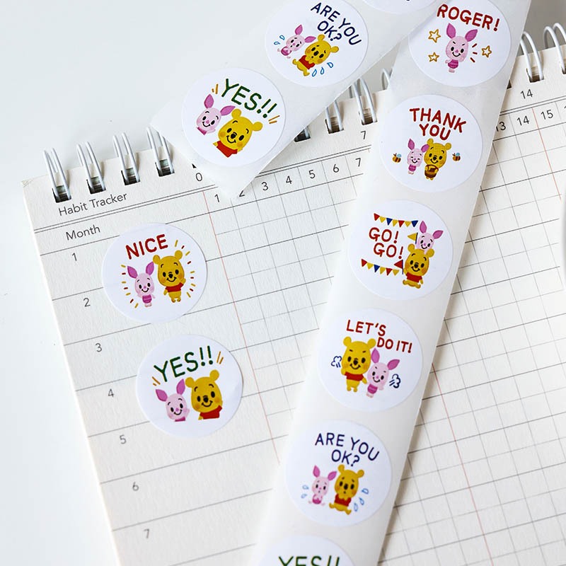 Cuộn 500 sticker Winnie The Pooh nhãn dán cảm ơn, niêm phong, tem tròn tiết dễ thương đáng yêu