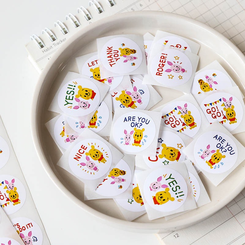 Cuộn 500 sticker Winnie The Pooh nhãn dán cảm ơn, niêm phong, tem tròn tiết dễ thương đáng yêu