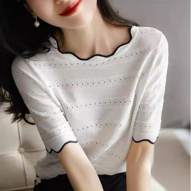 Áo Thun Dệt Kim Tay Ngắn Họa Tiết Gợn Sóng Dành Cho Nữ