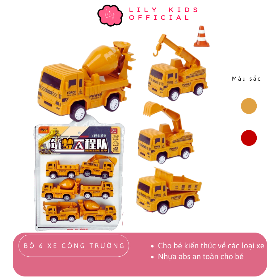 Sét 6 xe công trường cho bé, Đồ chơi xe công trình bền, đẹp, an toàn cho bé