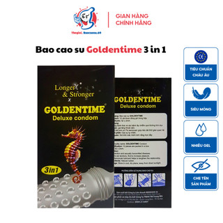 Bao cao su Goldentime 3 in 1 siêu mỏng có gân gai, Hộp 12 bcs 100% cao su thiên nhiên cao cấp không gây kích ứng
