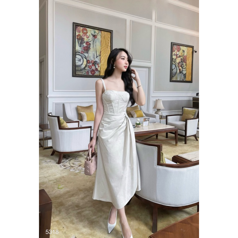 Đầm xoè 2 dây viền ren đắp chéo