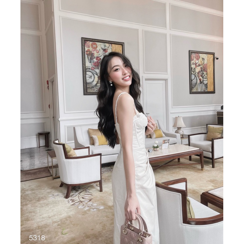 Đầm xoè 2 dây viền ren đắp chéo