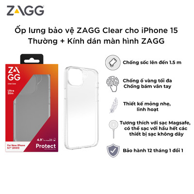 Combo Ốp lưng bảo vệ ZAGG ESNTL Clear cho iPhone 15 và Kính cường lực dán màn hình ZAGG Plus Edge