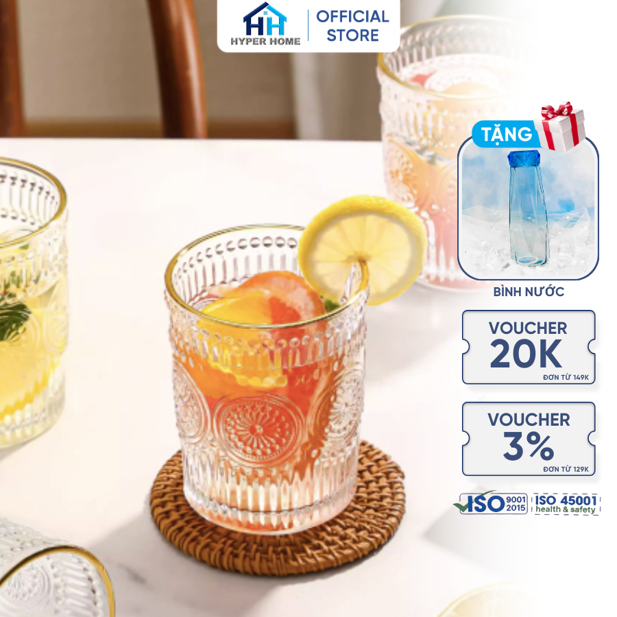 Ly thủy tinh chịu nhiệt họa tiết trống đồng cốc họa tiết trống đồng viền vàng thấp Hyper Home mã 85