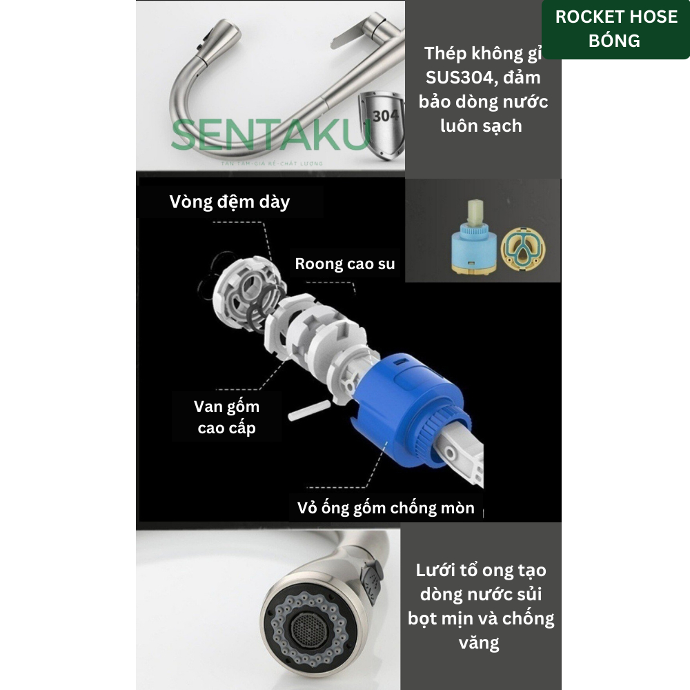 Vòi rửa chén bát Nóng Lạnh Sentaku Inox Sus 304 Rocket dây rút cao cấp tặng cặp dây nóng lạnh bảo hành 24 tháng-Sentaku