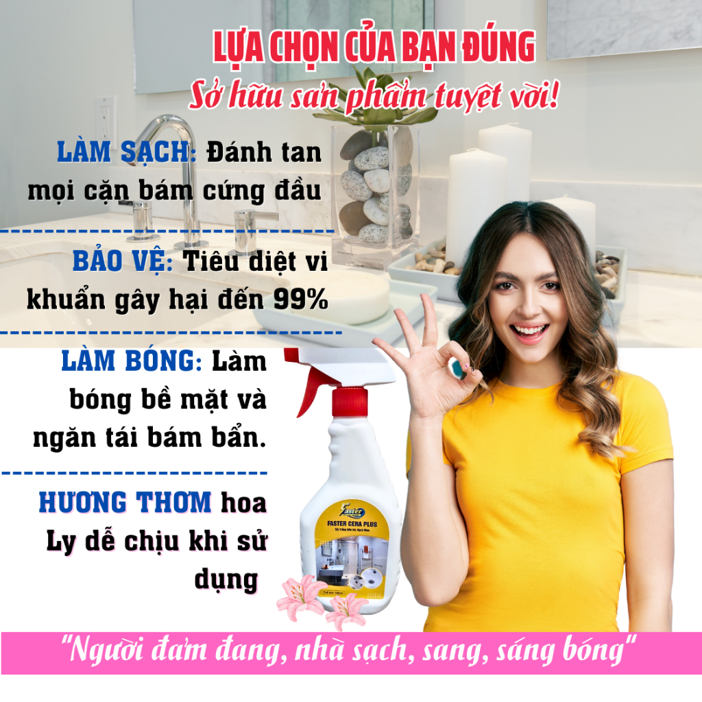 [Chuyên dụng] Xịt tẩy bồn cầu, tẩy gạch men nhà tắm ố vàng hương hoa Ly, Faster 500ml