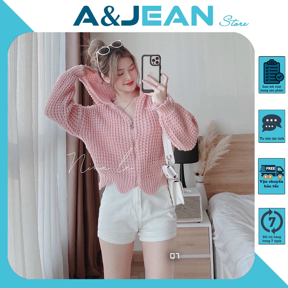 Áo khoác len lưới nón dây kéo khóa hàng nhập QC | A&JEAN STORE