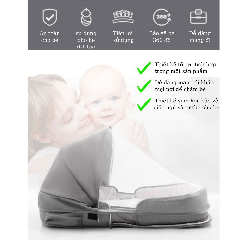 Nôi ngủ gấp gọn cho bé, Nôi ngủ chung di động có màn cho trẻ, Giường nôi êm ái thoáng mát, balo xách tay