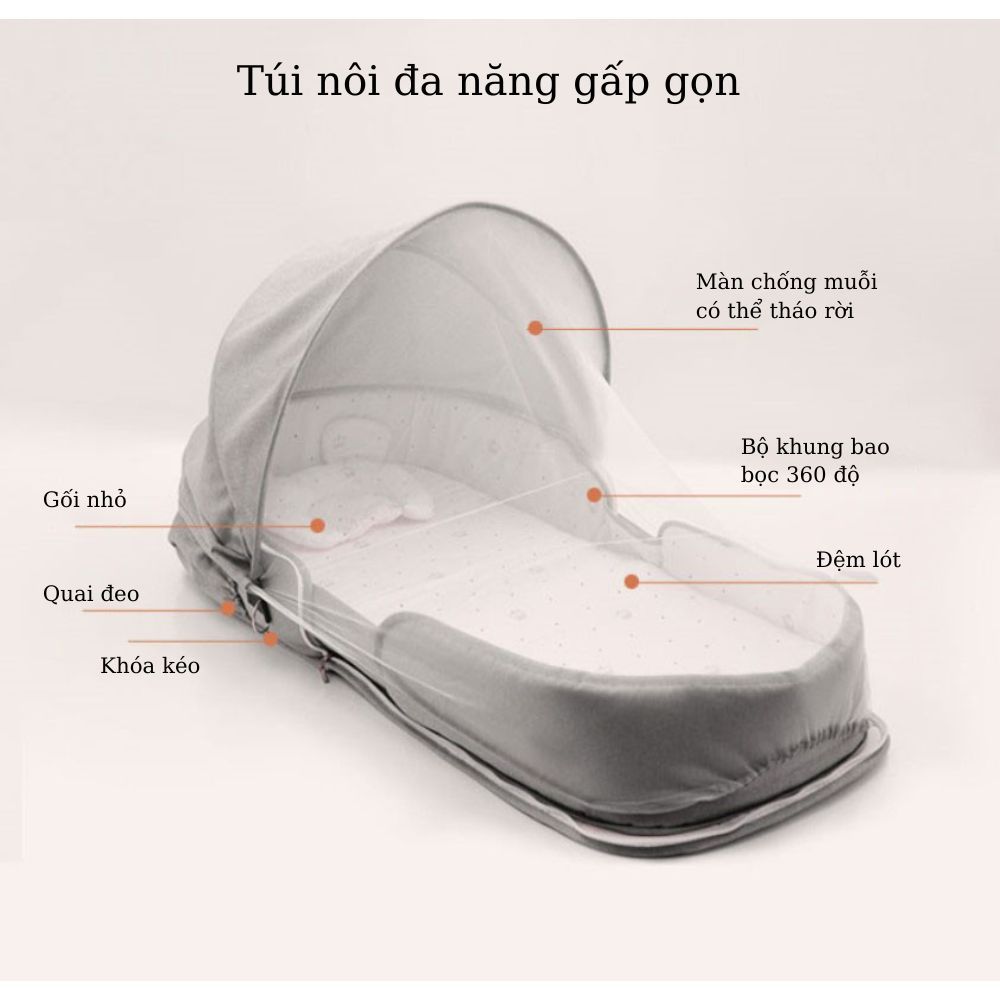 Nôi ngủ gấp gọn cho bé, Nôi ngủ chung di động có màn cho trẻ, Giường nôi êm ái thoáng mát, balo xách tay