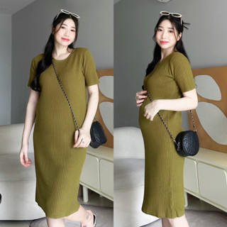 EVERMOM I Đầm bầu thun len gân ôm dáng basic