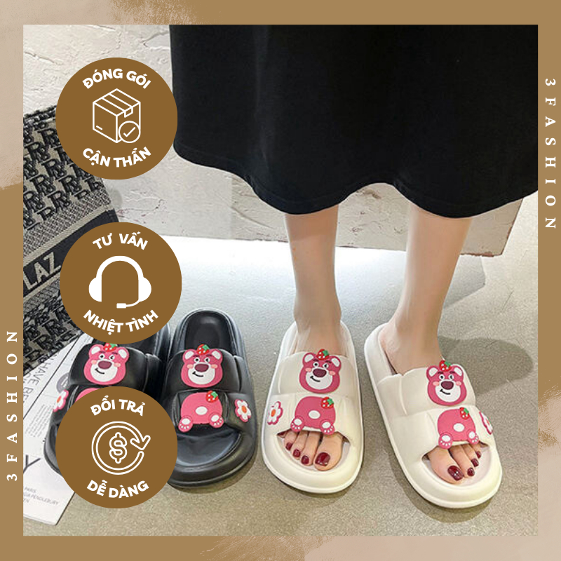 Dép bánh mì nữ gấu dâu chống trơn trượt Form Ôm Tăng 1 Size nhựa PVC bền đẹp siêu nhẹ 3Fashion - 3252